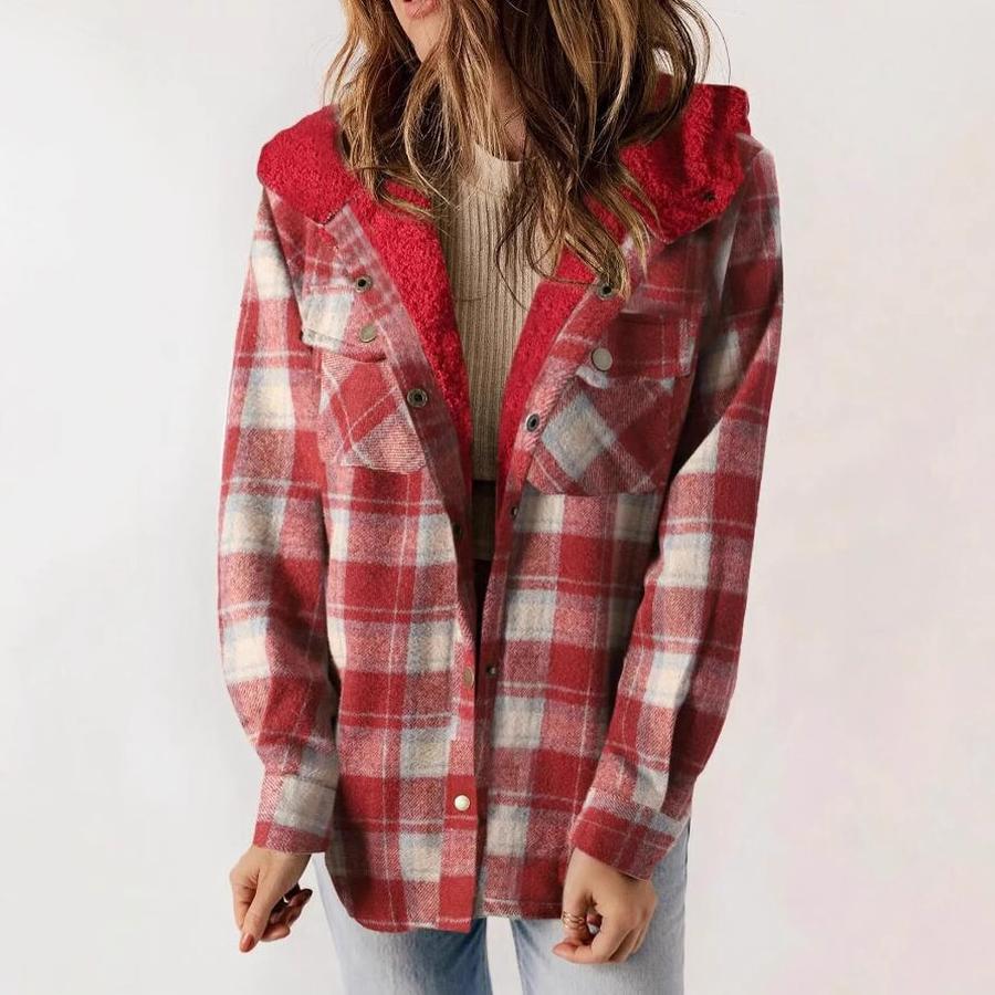 Fall Winter Women's Plaid Jacket Long Sleeve Hooded Cozy Coat with Pockets