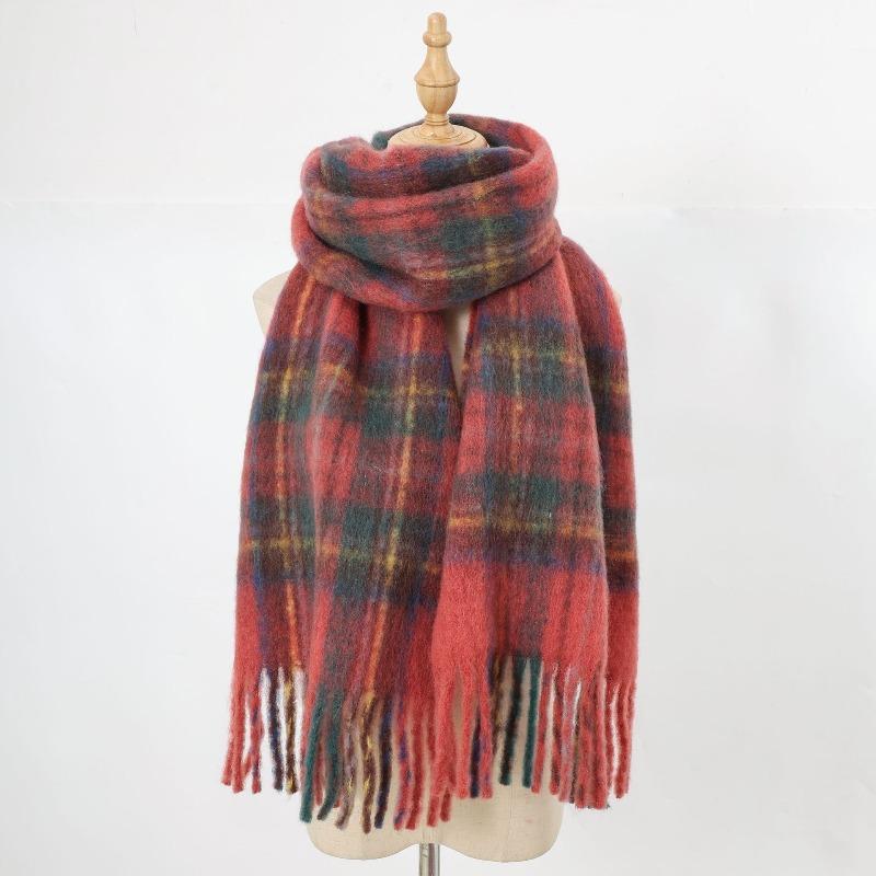 New autumn and winter retro plaid fringed scarf wool blended high-end versatile warm contrasting color plaid scarf