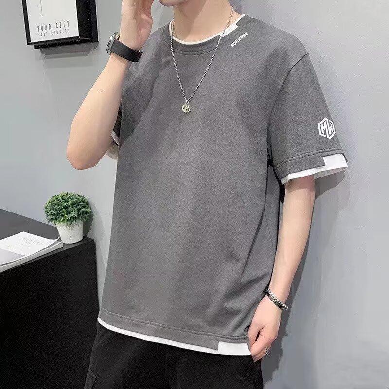 Fake Two-Piece Short-Sleeved T-Shirt Men'S Summer New Youth Leisure Sports Round Neck Short-Sleeved Thin Bottoming Shirt Trendy Brand