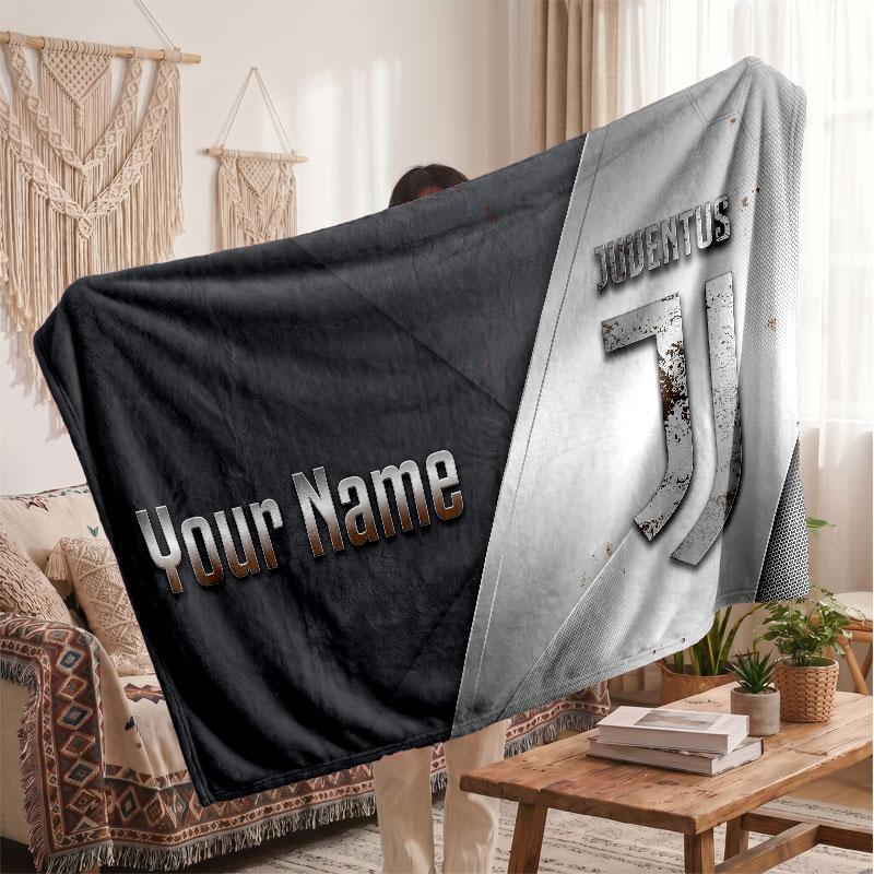 Juventus FC Personalisierte Fleecedecke Mit Fußballlogo, Benutzerdefinierter Name Text Weich Warm Home Überwurfdecke