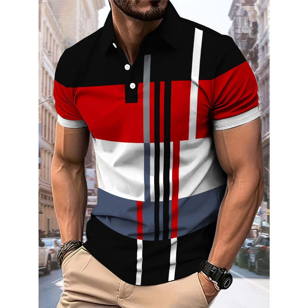 men's POLO shirt features a casual fashionable comfortable and breathable 3D striped pattern print