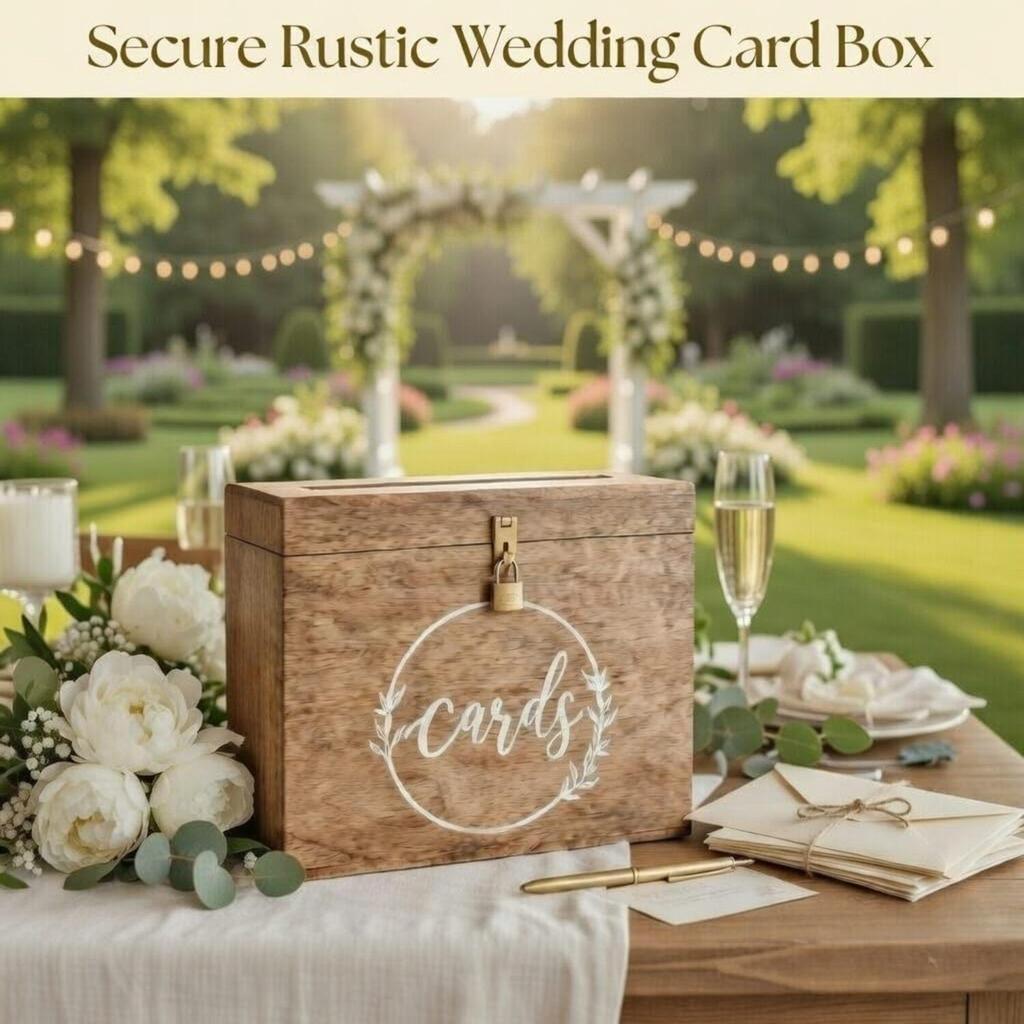Wedding Card Box with Card Slit and Lock 12"X10"X4.5"- Card Box for Weddings, Receptions, Baby Showers, Honeymoon Funds WBKH (Burnt)