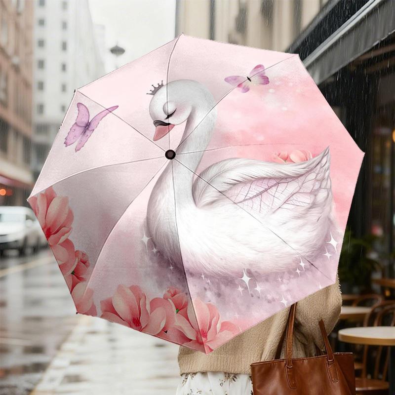 1pc Swan Princess Automatic Folding Umbrella, Heavy Duty 8 Rib Iron Frame,  Suitable for Travel, Daily Use, Birthday, Decor Gift m0104027