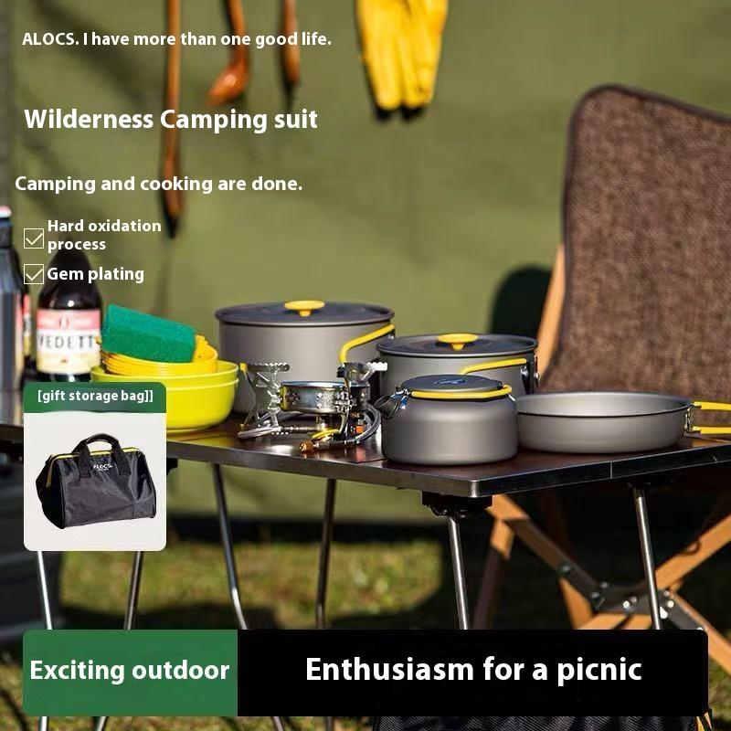 Alocs Outdoor Camping Cookware Set, Hurricane Stove, Camping 4 Person Kit with Storage Bag and Utensils