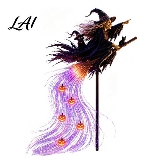 Weather Resistant Outdoor Figures Solar Halloween Witch Garden Stake Light Waterproof Metal Flying Broomstick Spooky Pathway Markers Light