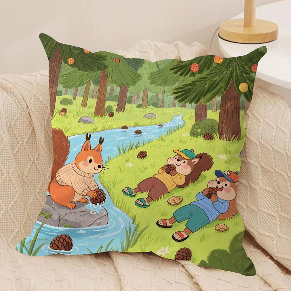 Cute Squirrel Cushion Cover Silky Short Plush Sofa Pillow Cover Hidden Zipper Soft Dustproof Case for Home Decor