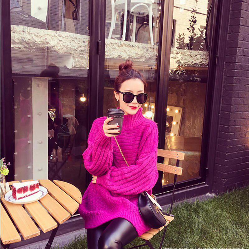 

RUGOD шикарный длинный пуловер с высоким воротником, Элегантный свитер, зимние топы для женщин, разноцветный зимний пуловер в корейском дизайне One Size ярко-розовый