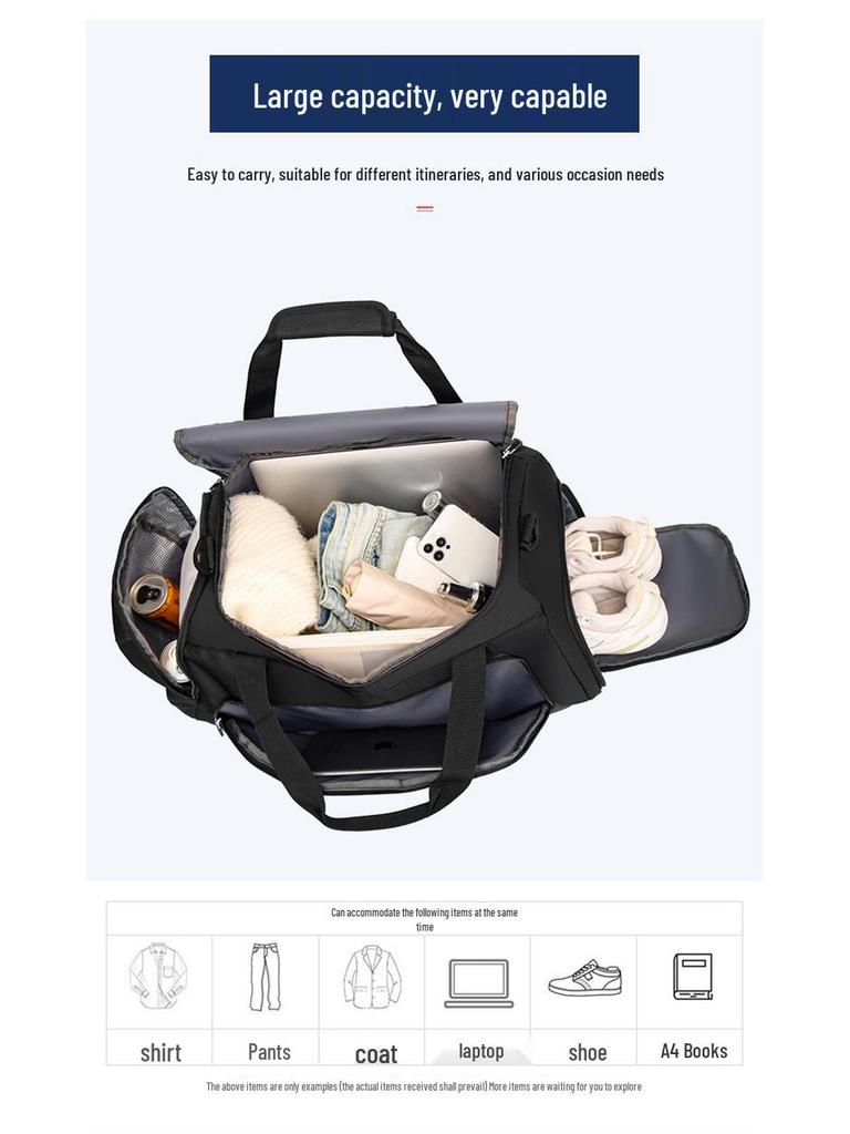 Large Capacity Gym Bag with Wet/Dry Separation, Shoe Compartment, Printed Logo, and Water-Repellent Design