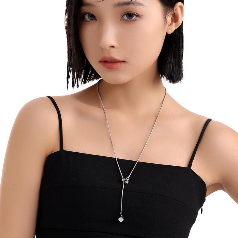 Adjustable Square Pendant Sweater Necklace: Titanium Steel Luxury Jewelry for Women