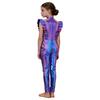 Girls Metallic Gloss Alien Cosplay Jumpsuit Ruffled Flying Sleeve Patchwork Back Invisible Zipper Leotard