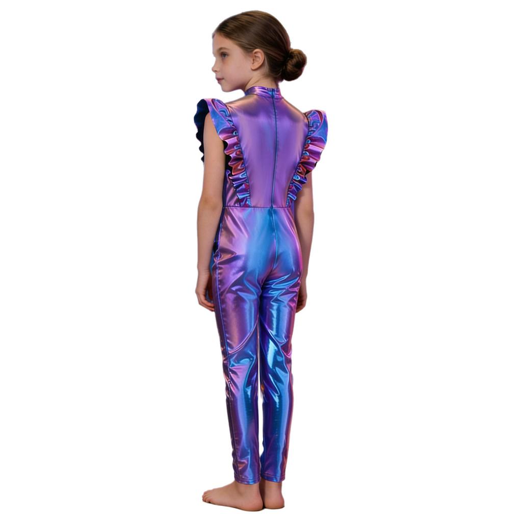 Girls Metallic Gloss Alien Cosplay Jumpsuit Ruffled Flying Sleeve Patchwork Back Invisible Zipper Leotard
