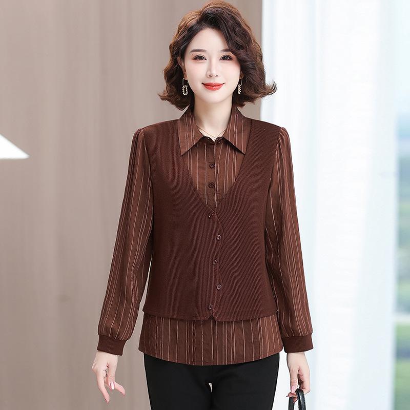 Women's Color-Block Knit Cardigan Jacket with Shirt Collar - Trendy Fake Two-Piece Design for Autumn 2026