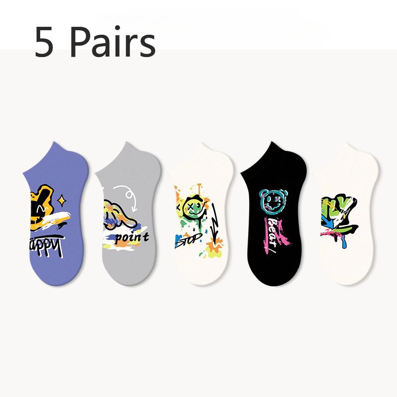 5 Pairs of Men's Summer Thin Cartoon Graffiti Trend Sports Boat Socks