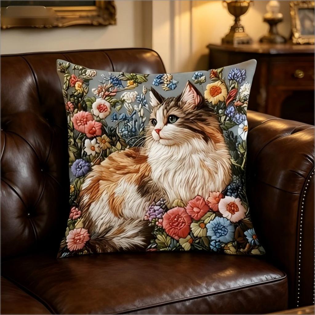 Floral Cat Print Throw Pillow Cover, Whimsical Garden Kitten With Colorful Flowers, Decorative Cushion For Living Room Couch