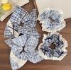 Korean Blue Plaid Bow Scarf Women's Hair Tie & Headband Set
