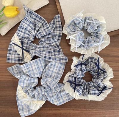 Korean Blue Plaid Bow Scarf Women's Hair Tie & Headband Set