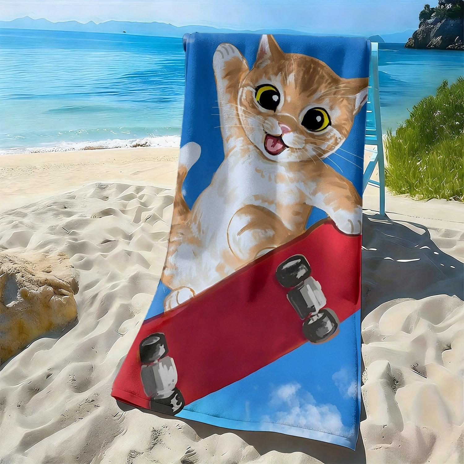 

Cartoon kitten skateboard pattern polyester microfiber beach towel is highly absorbent, suitable for swimming and beach outings W40*H60(CM)