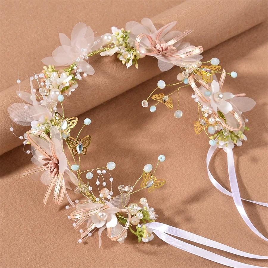Korean Fashion Imitated Pearl Crowns Girls Bridal Wedding Headband Floral Flower Headband for Girls Adult Hair Accessories