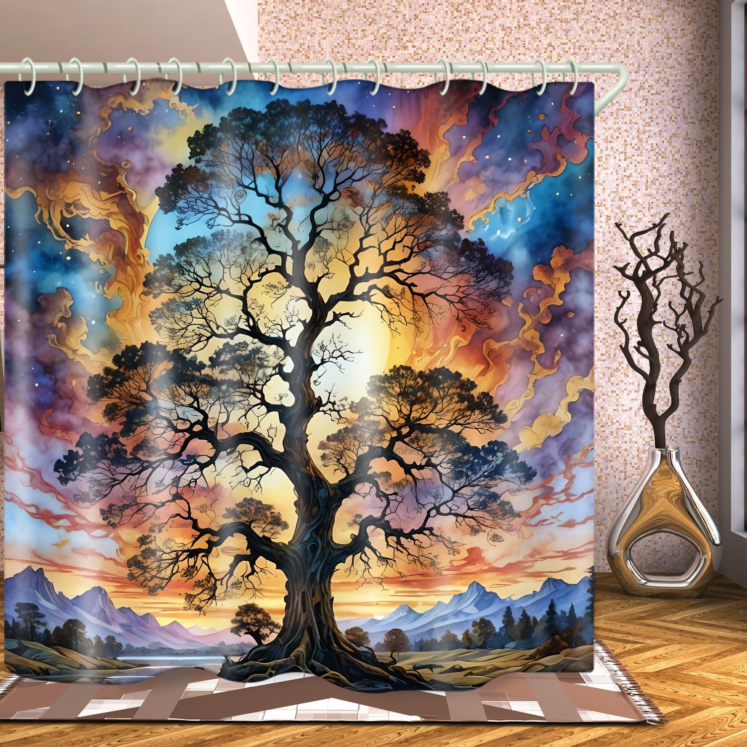 

Shower Curtain Life Tree Theme, Colorful Bright Sky Brings A Unique Artistic Atmosphere To The Bathroom, 72X72 Inch Fabric Showe W60H190(CM)-1 Pcs
