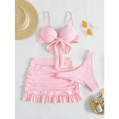 Women Solid Tie Bow Push Up Bikini Sets Three Pieces with Wrinkled Ruffles Mini Skirt Swimsuit Bathing Suit Beach Outfits