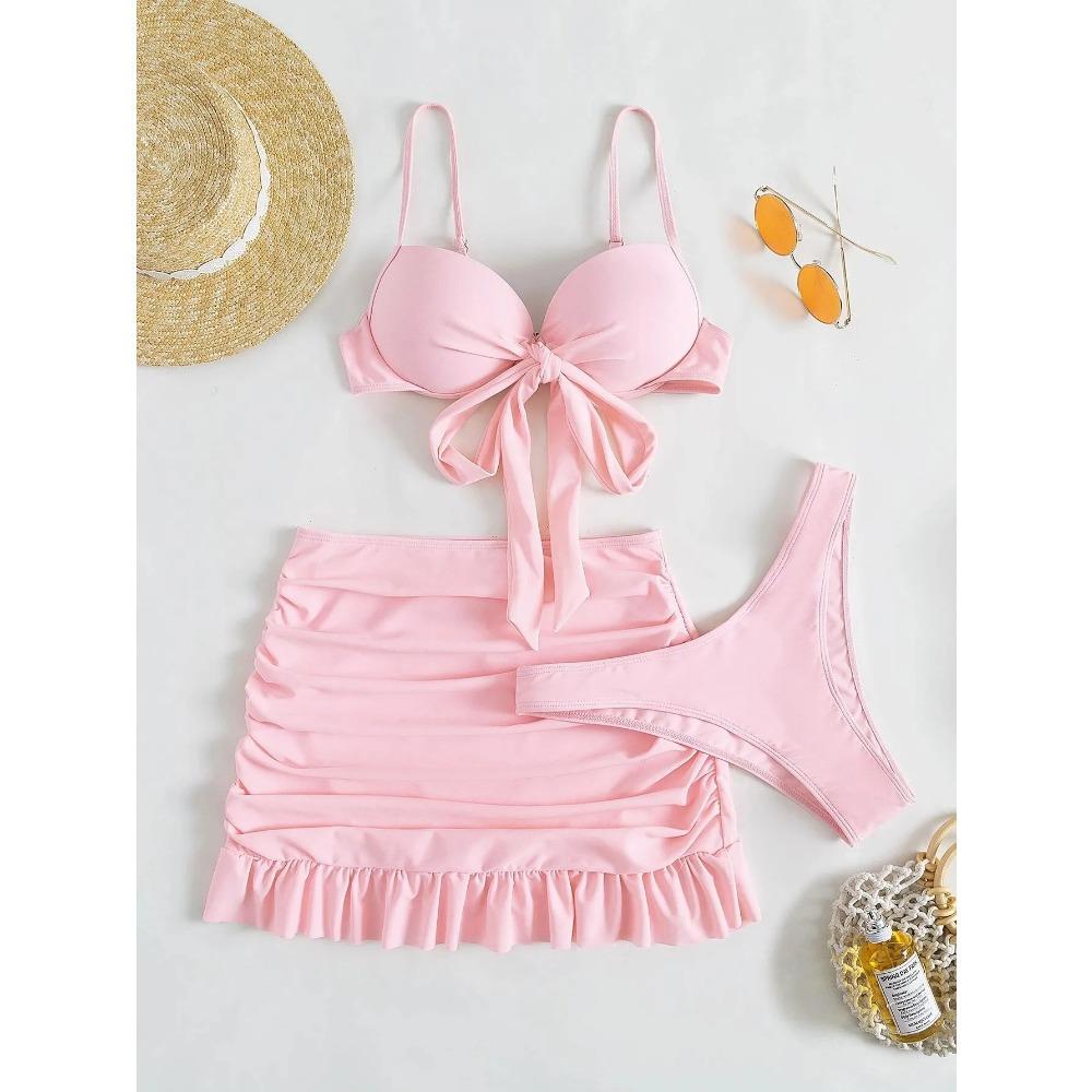 Women solid tie bow push up bikini sets three pieces with wrinkled ruffles mini skirt swimsuit bathing suit beach outfits