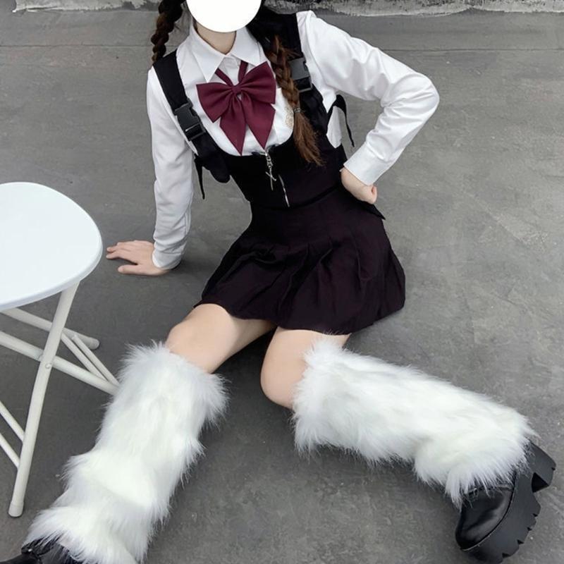 Women's Fuzzy Faux Furs Leg Warmers Furs Heels Long Boots Cuffs Cover One Pair Carnivals Boot Cover Y2K JK Uniform Socks