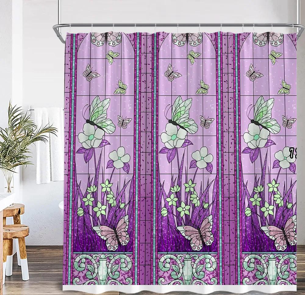 Stained Glass Garden Shower Curtain Butterfly Flowers Church Colored Painting Glass Wall Art Bath Curtain Aesthetic Bath Curta