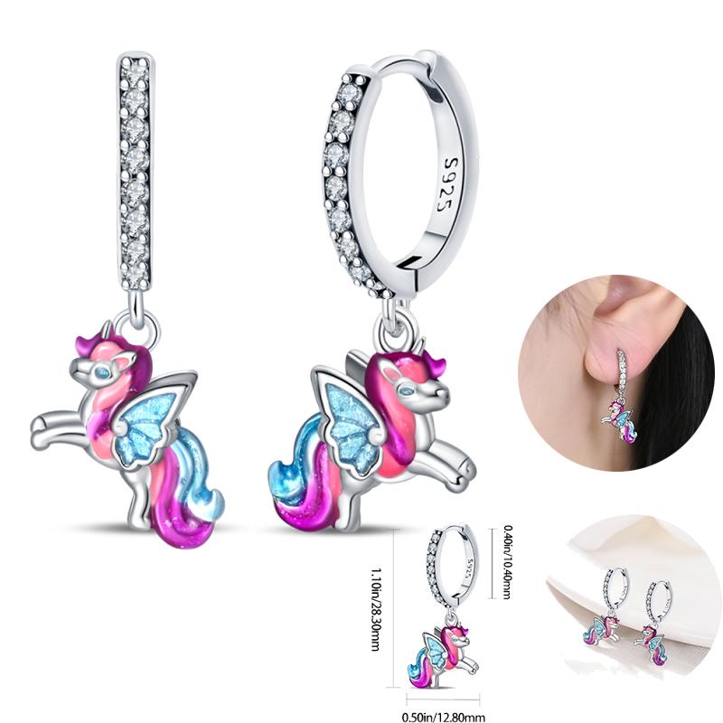 925 Silver Unicorn Rainbow Horse Sparkling Color Gemstone Women's Sweet Earrings Fit for Anniversary Engagement Delicate Jewelry
