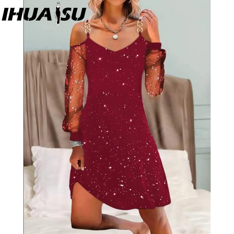 

IHUASU Женская мода Весна Осень Однотонный принт Длинный рукав V-образный вырез Высокая талия Повседневные платья XXXL красный