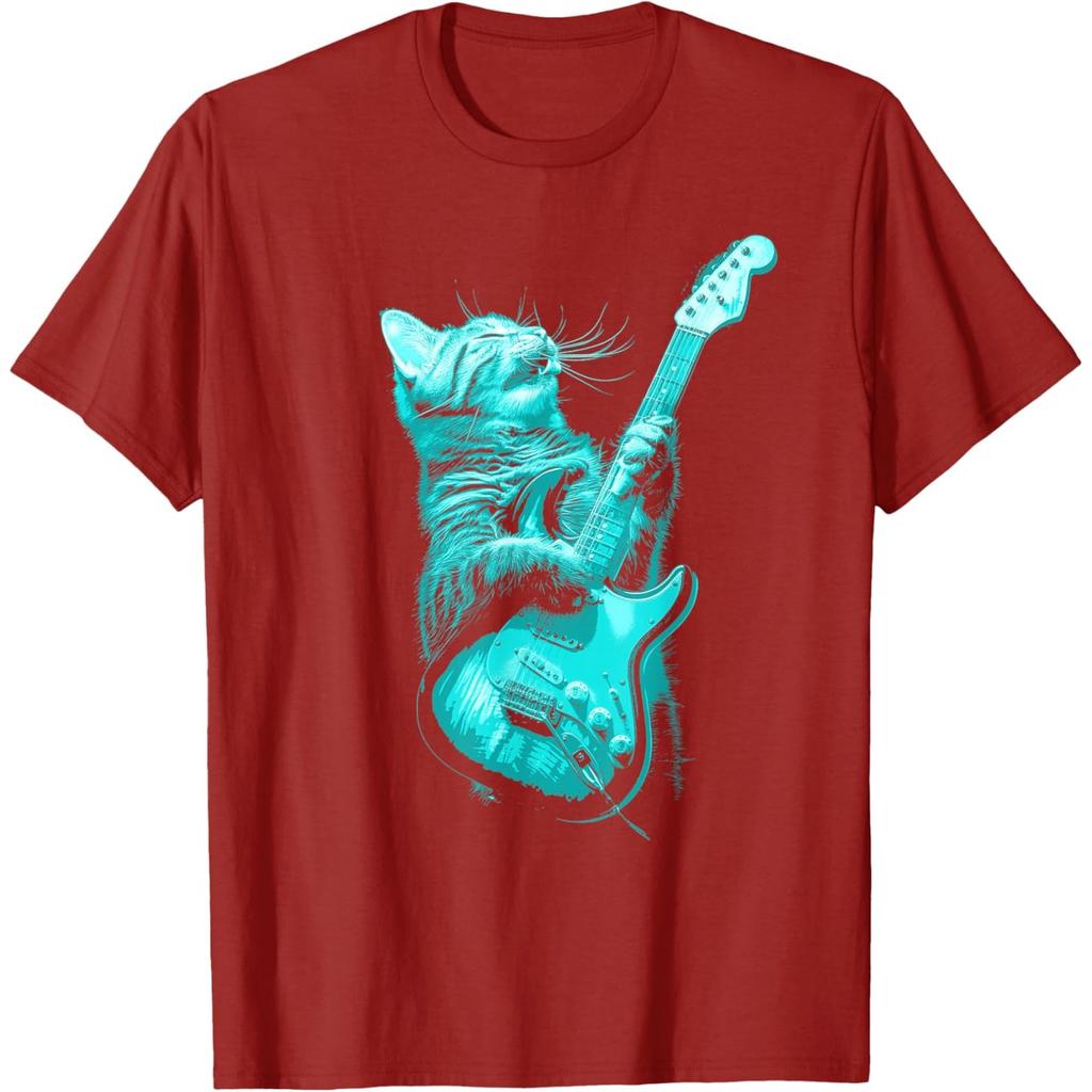 Funny Rock Cat Playing Electric Guitar Graphic Print Men's Cotton Casual T-Shirt