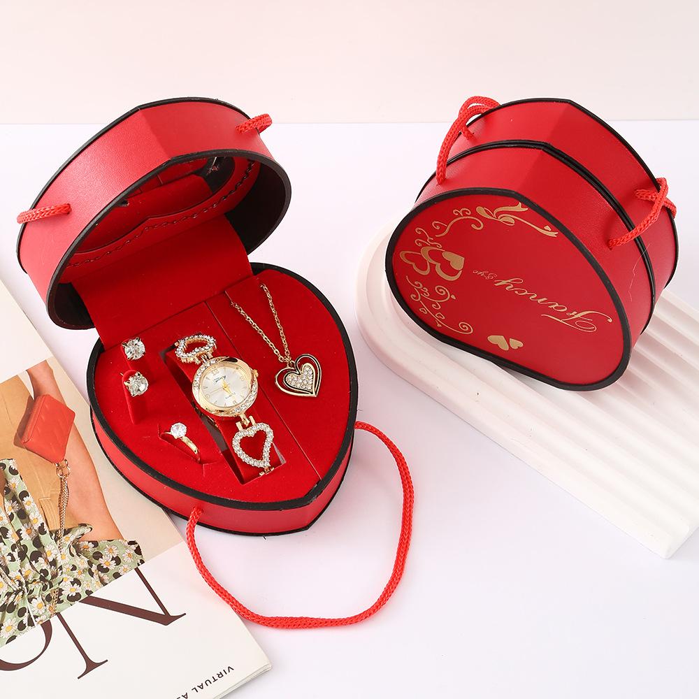 Women Watch Jewelry Gift Set Quartz Watch Rhinestone Necklace Earrings Ring Set Heart Shaped Gift Box Valentine's Day Gift Set