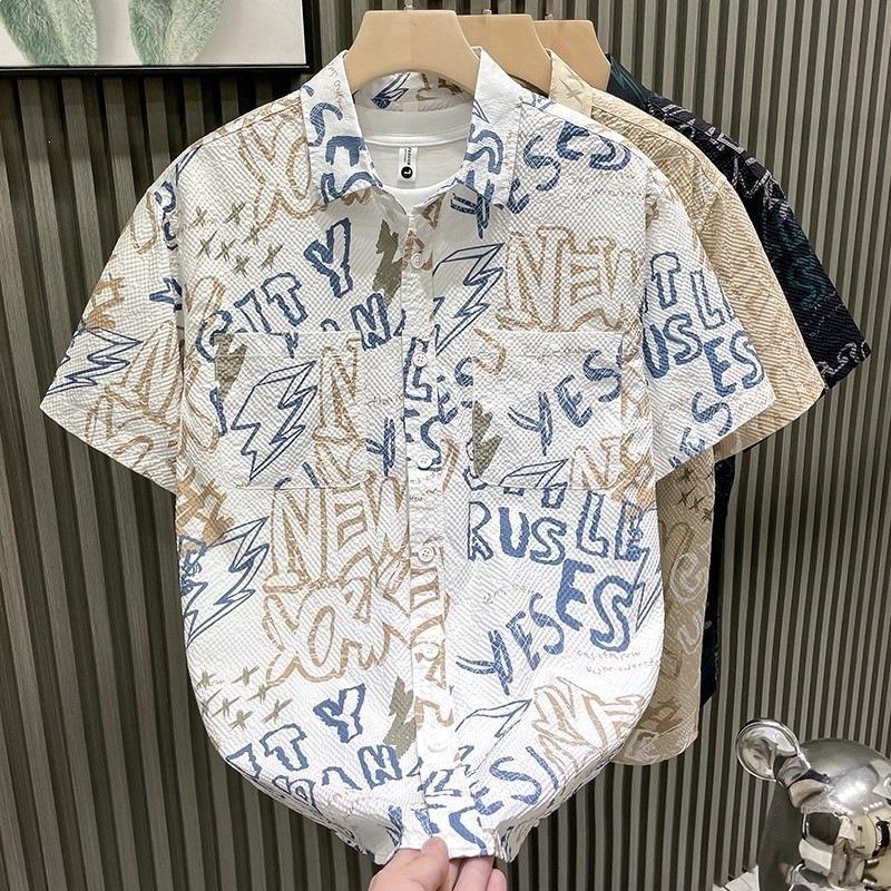 

New Men s Summer Shirts Loose Trendy Versatile Cool Looking Shirts with Stylish Prints Casual Short Sleeved Shirts 4XL білий