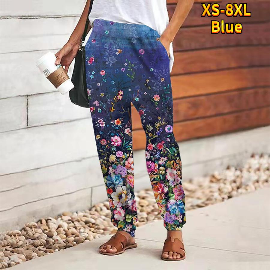 

Женские брюки с лесным принтом на шнуровке, с эластичной талией, свободные брюки, повседневные длинные брюки, брюки с карманами 5XL синий