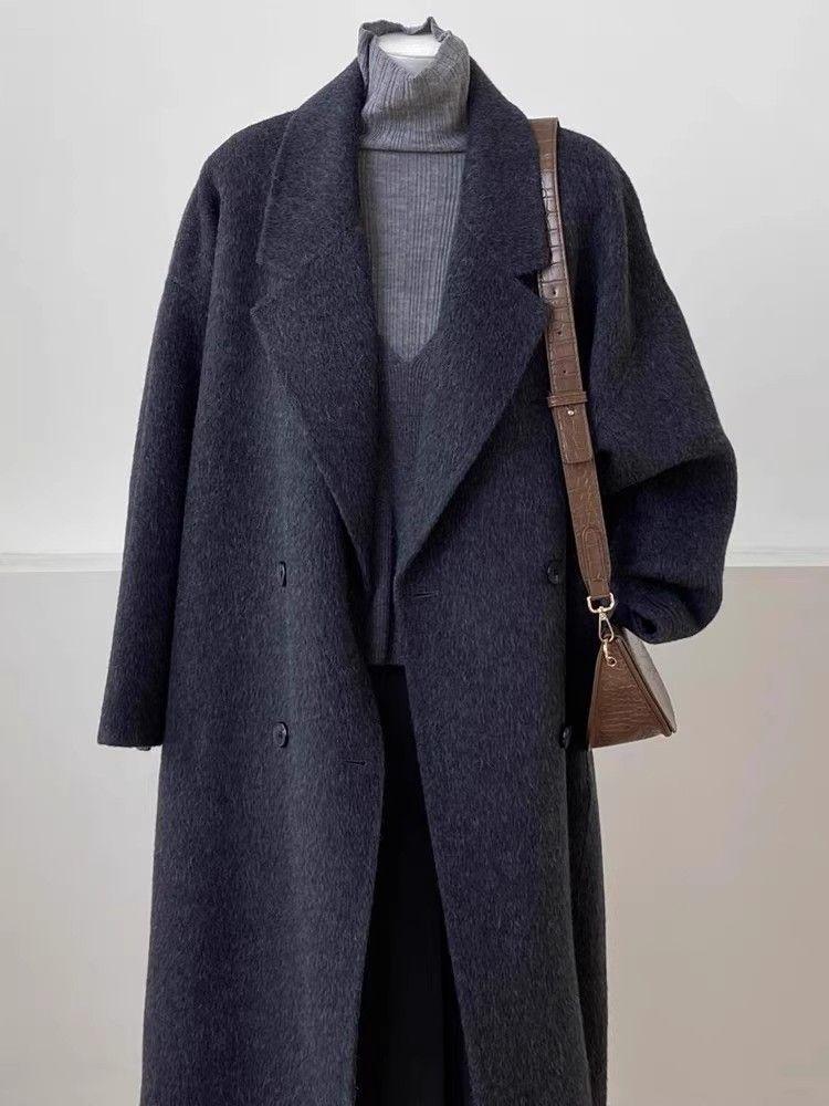 Women's Hepburn Wool Coat Mid-Length Thickened Duck Down Autumn Winter Overcoat