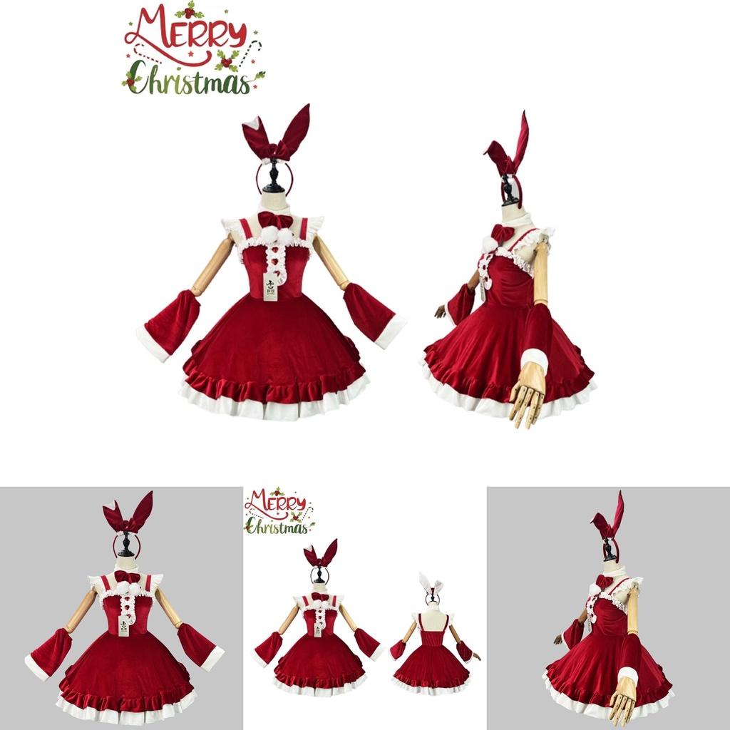 5xl Women Xmas Cosplay Costume Bow Lolita Sexy Maid Outfit Santa Wine Red