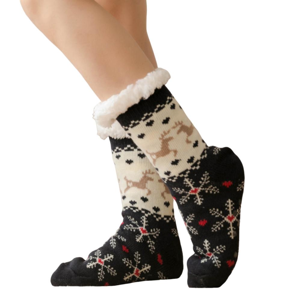 Christmas Pattern Floor Socks for Female Fall Winter Fleece-lined Postpartum Carpet Socks Plush Non-slip Home Slipper Socks