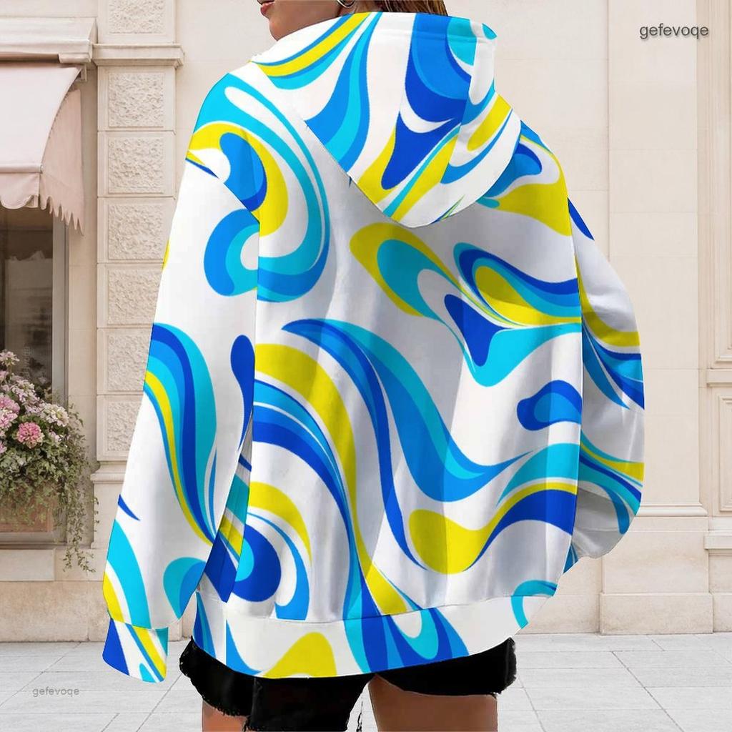Women Plus Size Long Sleeve Drawstring Zip Up Geometric Printed Hoodie With Pockets
