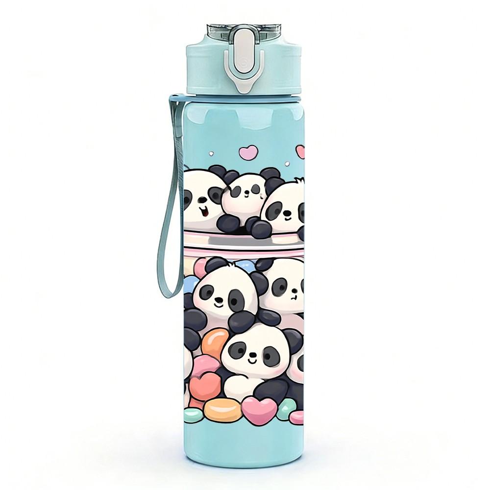 1PC Panda Bear Group Family Cartoon Print 750ml Color Plastic Sports Water Bottle Leakproof Flip Straw Lid Suitable for Sports Office Home Use