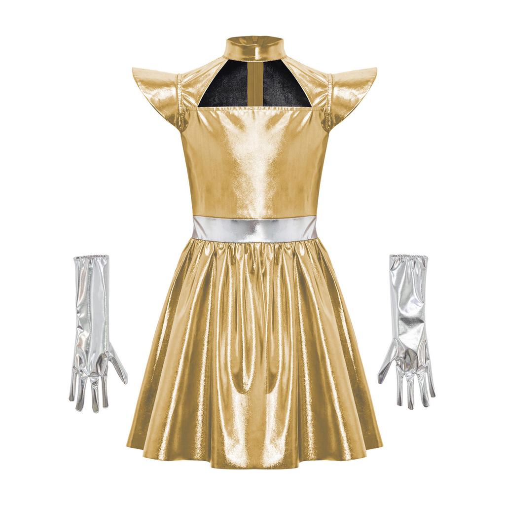 Girls Alien Cosplay Dress Metallic Hollow Out Flying Sleeve Back Zipper Ruffled Dress Gloves Robot Outfit