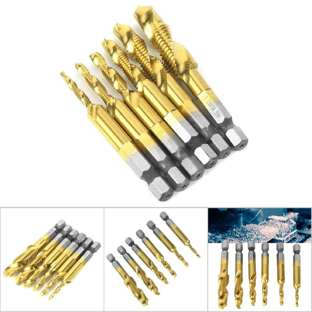 6PCS High Speed Steel 6.35mm Hex Shank Tap Drill Bit Compound Tap M3CelsiusM4CelsiusM5CelsiusM6CelsiusM8CelsiusM10 (Type A)