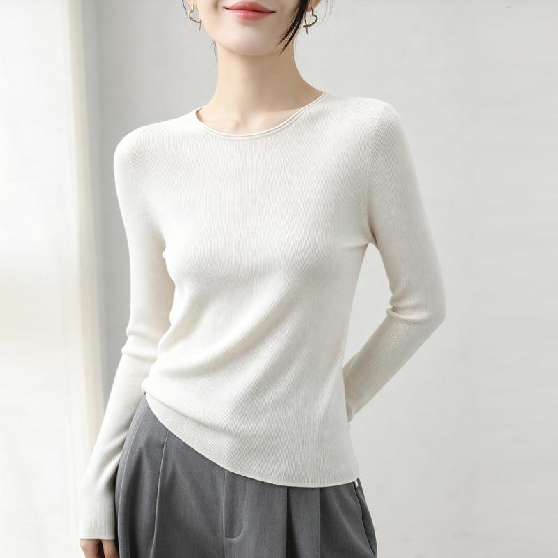 Women's 100% Pure Wool Seamless Round Neck Knit Sweater for Autumn/Winter