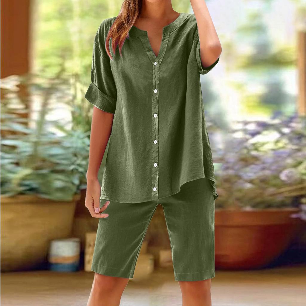 Women's Casual Fashion Sexy  Short Sleeve Pullover Shirt Round Neck Literary Retro Solid Color Casual Split Suit