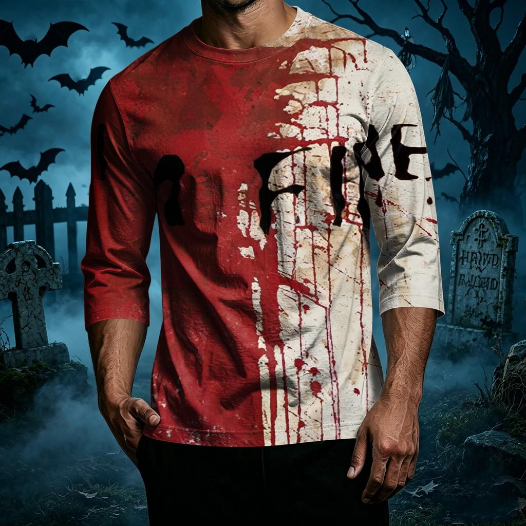 Men's Casual Halloween Graphic T-Shirt Three Quarter Sleeve Crew Neck Top Lightweight Comfortable Fit