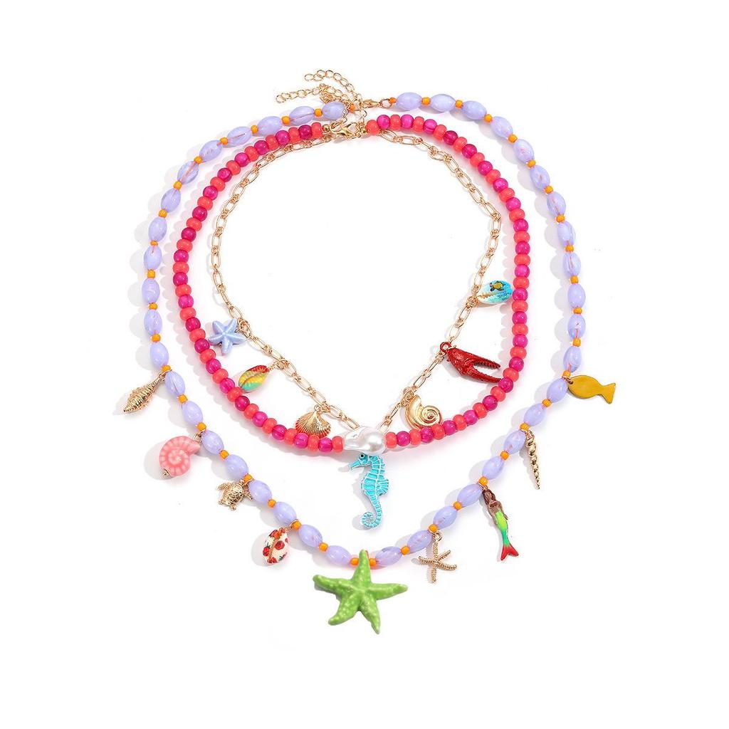 Beaded Starfish & Seahorse Multi-layer Necklace - Handmade Ocean Style Women's Accessory
