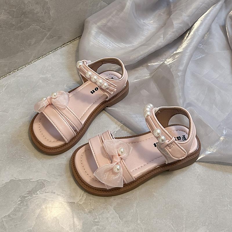 

Girls Solid Color Open-Toe Sandals2026New Summer Mesh Pearl Bow Cute Princess Sandals 23-28Code one hand6Double рожевий