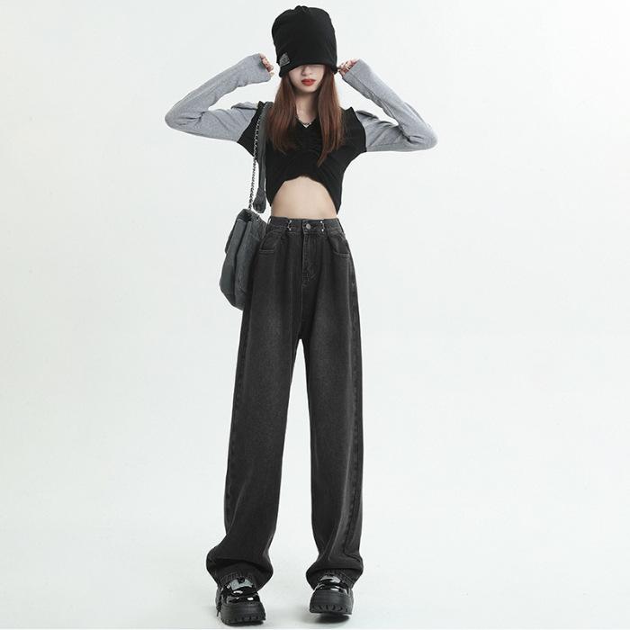 

Ретро Маленькие Джинсы для Женщин Весной и Осенью Новая Узкая Версия Высокая Посадка Прямые Свободные Широкие Брюки XXL