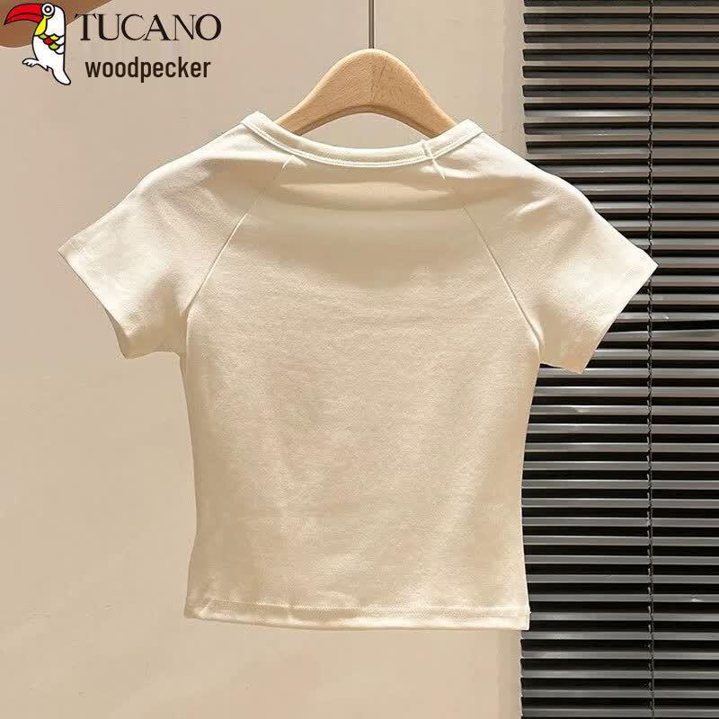 Woodpecker Women's Cotton Crop T-Shirt with Exposed Stitching