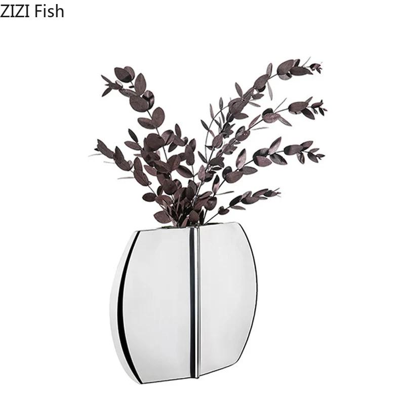 Silvery Geometry Vase Desk Decoration Flower Arrangement Artificial Flowers Decorative Floral Vases Room Aesthetic Decor