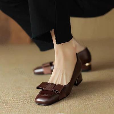 Women Leather Shoes 2026 Spring/Summer New Square Toe Chunky Heels Shoes Women High Heels Bow Retro Loafers Zapatos De Mujer