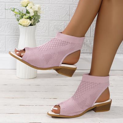 Large Size Knitted Thick Heeled Women's Sandals Solid Color Slip On Summer Casual Shoes Middle Heel Peep Toe Sandalias Femininas